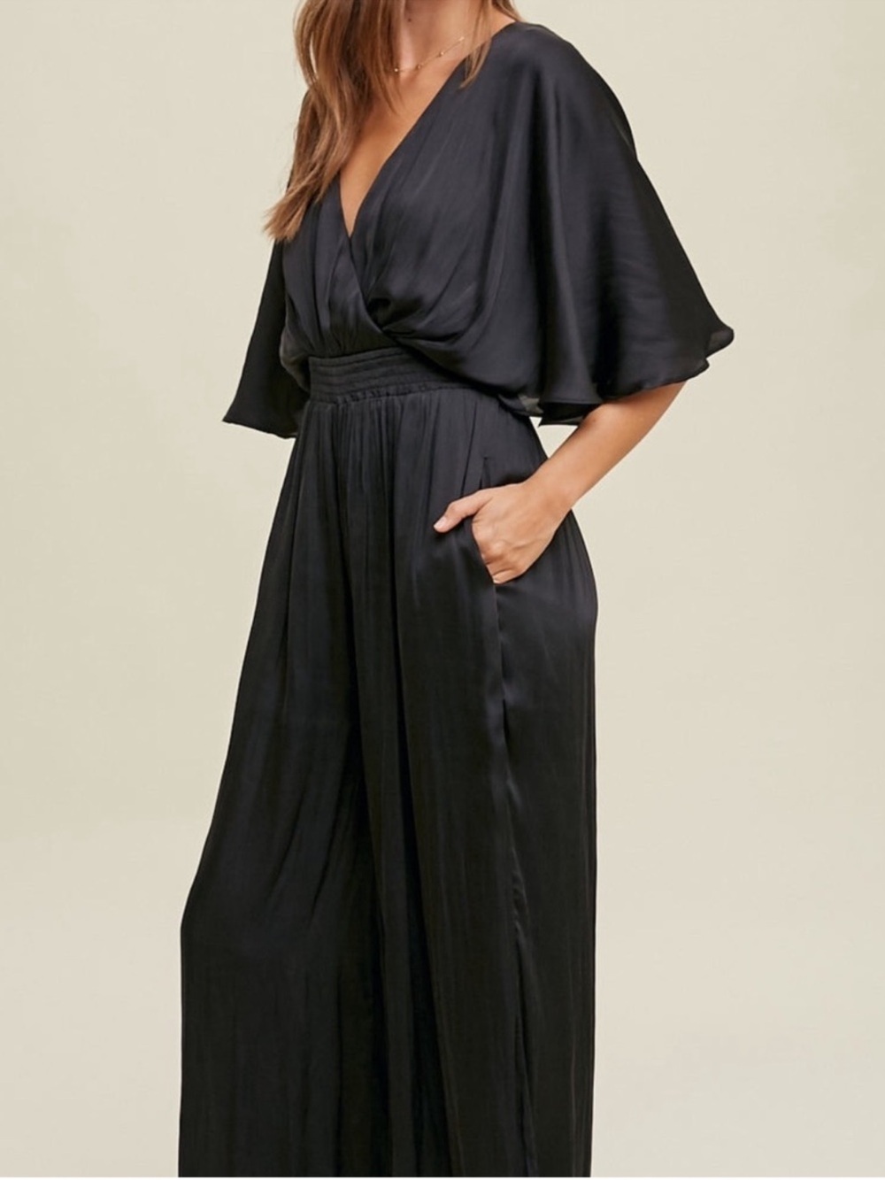 Strut & Bolt Black V-Neck Wide-Leg Smocked-Waist Elegant Jumpsuit NWOT